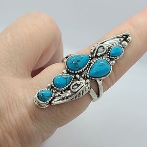 Western Turquoise Beaded Silver Ring Boho Native Bohemian Jewelry Teardrop Swirl
